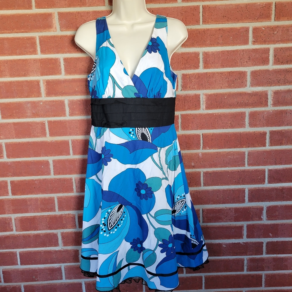 Speechless Size 9 Blue Floral Sleeveless V-Neck Dress Black Waist.  #351